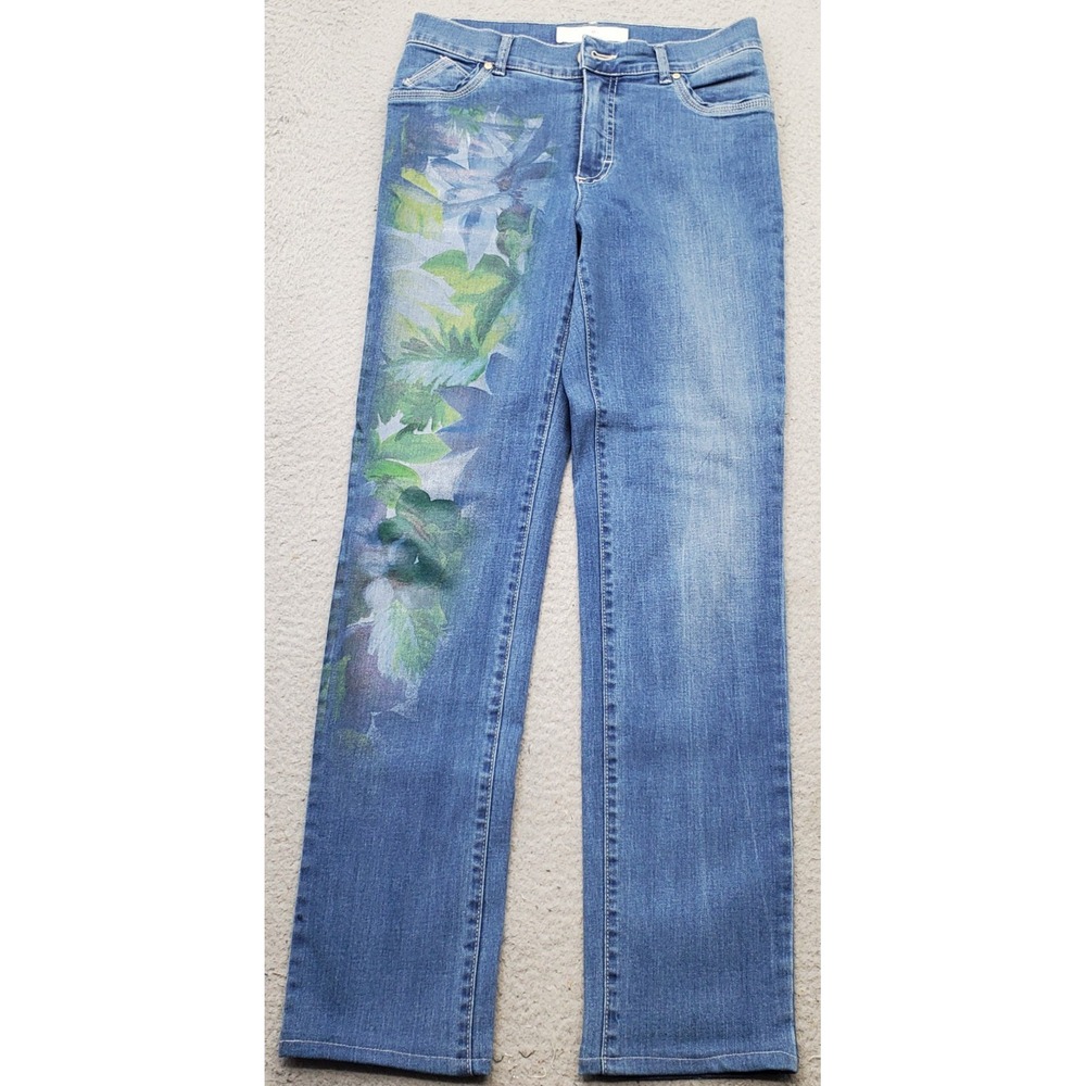 Dismero Jeans Womens 26 Blue‎ Denim Cotton Leaf Print Streetwear Straight Leg